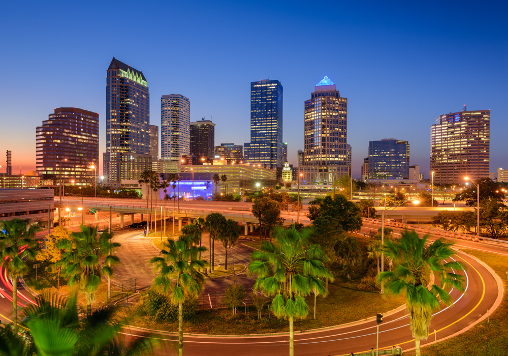 LDES can store excess solar energy to use whenever it is needed Tampa, Florida skyline at night image