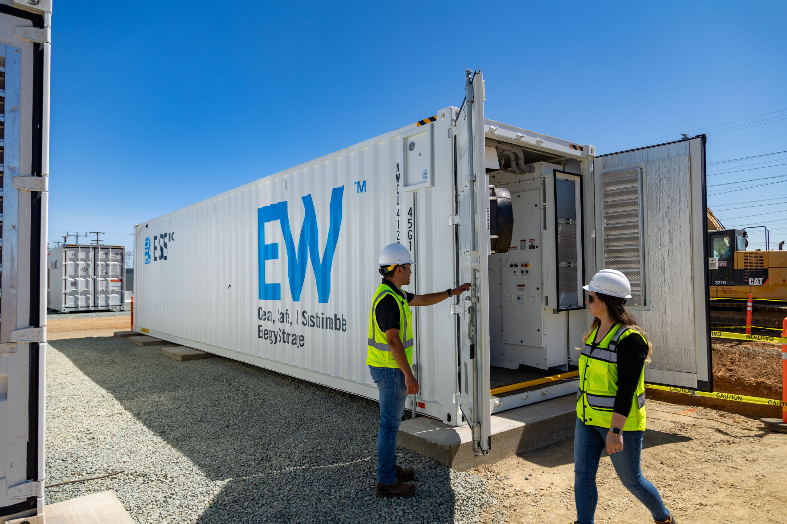 2023-06-20 ESS EW iron flow battery storage containers delivered (and inside inspected) with truck and crane to Hedge Power Acad 1